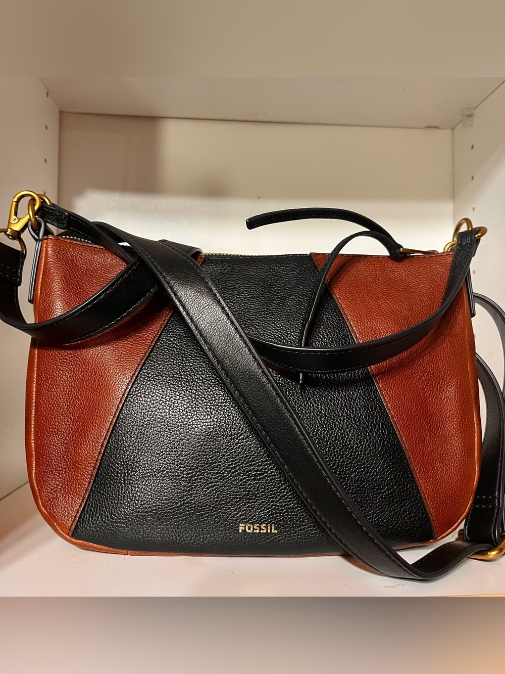Fossil Two-Tone Black and Brown Leather Shoulder Bag